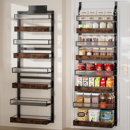 8 Tier Over the Door Pantry Organizer 2 IN 1 Hanging or Wall Mounted Spice Rack with Adjustable Basket,Heavy Duty Seasonning Storage Shelf for Kitchen Pantry and Bathroom - color: Black, size: 8 Tiers