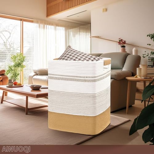 Large Laundry Hamper Basket, 85L Cotton Rope Woven Storage Bin for Blankets, Dirty Clothes Toys, Decorative Tall Basket with Leather Handles for Living Room, Bedroom, Bathroom, Nursery, Jute - color: Jute & White, size: 85L