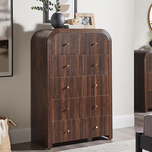 T4TREAM Fluted 5 Drawers Dresser, 48" Tall Modern Chest of Drawers with Thickened Curved Profile Design, Wood Closet Clothes Storage Organizer for Bedroom, Living Room, Hallway, Dark Walnut - color: Dark Walnut, size: 15.7"D x 31.5"W x 47.6"H (5 Drawers)