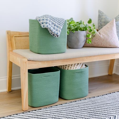 NaturalCozy Storage Cubes 11 Inch Cotton Rope Woven Baskets for Organizing, 3-Pack | Cube Storage Bin | Square Storage Baskets for Shelves Organizer, Classroom, Kids Toy Bins, Closet, Baby Nursery - color: Green
