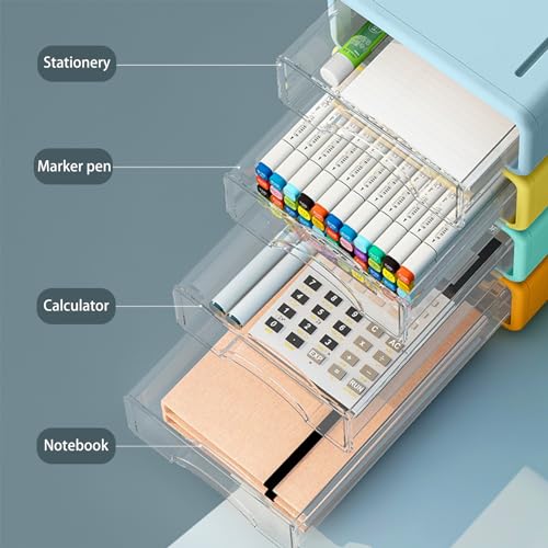Desk Organizer with Drawers, Stackable Storage Drawers with Compartments Desktop Organization for Office Supplies, Makeup, Pencils, Tape, Erasers, Paperclips, Chargers (4 Pack) - color: Orange+Green+Yellow+Grey