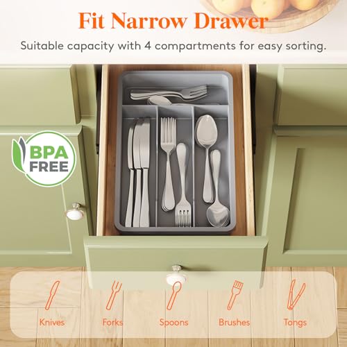 Lifewit Silverware Drawer Organizer Tray, Plastic Cutlery Storage for Kitchen, Flatware and Utensil Holder Divider for Spoons Forks Knives Tableware, 7.8 x 12.4", 4 Slots, Gray - color: Gray, size: 7.8 x 12.4 inch (4 Slots)