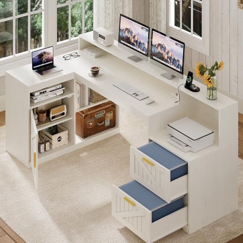 TVU Farmhouse L Shaped Desk with Drawers, 62.2" Home Office Desk with Storage Shelves and Power Outlet, L Shaped Computer Desk with Monitor Stand and Printer Shelf, White - color: White