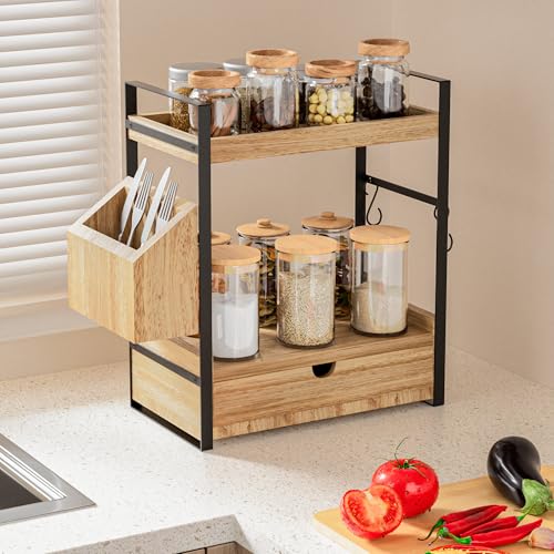 2-Tier Bathroom Counter Organizer with Drawer and Basket, Wood Countertop Organizer for Storage, Skincare Organizers for Vanity, Counter Shelf for Bathroom Organization - color: Light Brown