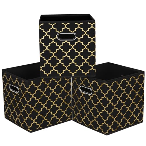 Black Foldable Storage Cubes Bins, Fabric Storage Box Cubes Organizer Baskets with Dual Handles for Home Organizer,Set of 3,(Black Gold) - color: Black Gold, size: 3 Pack