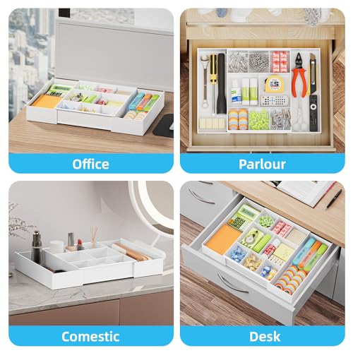 Marbrasse Expandable Desk Drawer Organizer, Clear Plastic Drawer Organizer Tray with 10 Adjustable Compartments, Desk Organizers and Accessories, 5 Drawer Dividers for Office Supplies, Makeup(White) - color: White