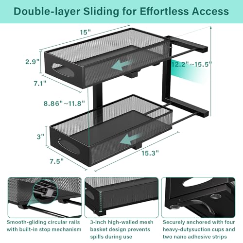 Under Sink Organizer, 1-Pack of 2-Tier Metal Slide Out Pull Out Cabinet Organizer Shelf, Height Adjustable Organization and Storage Series, Bathroom/Desktop/Cabinet/Kitchen organization, Black - color: Black - Single Pack, size: Standard Version
