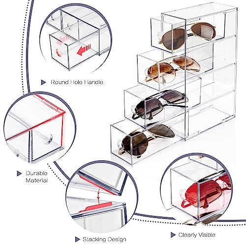 Desk Organizer with 8 Drawers, FODIENS 2 Packs Stackable Desktop Storage Box with Removable Drawer, Clear Sunglasses Organizer Display Case for Stationery Marker Pens Eyeglasses Office Supply - style: 2 Layers - 8 Drawers