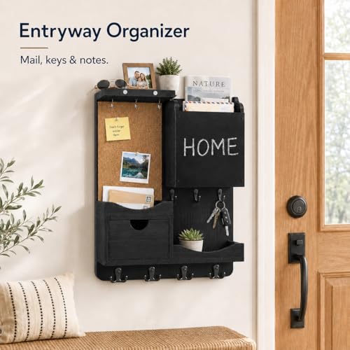 Key Holder Wall Mount, Mail Organizer Key Holder for Wall with Shelf, Drawer, Chalkboard, Corkboard, Home Decor Mounted for Room Entryway (Black) - color: Black, size: Vertical
