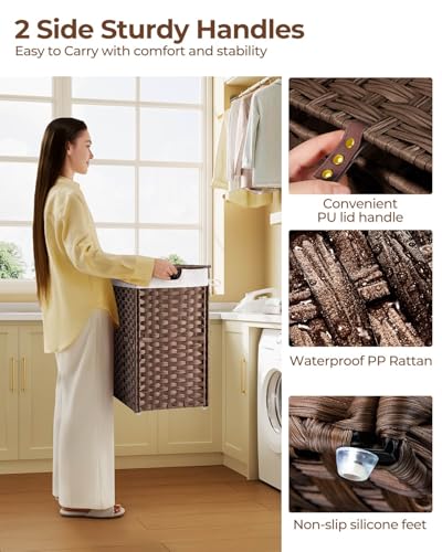 Greenstell Laundry Hamper with lid, No Install Needed, 110L Wicker Laundry Baskets Foldable 2 Removable Liner Bags, 2 Section Clothes Hamper Handwoven Rattan Laundry Basket with Handles, Brown - color: Brown, size: 110L (22.2x13.3x24.0 Inches)