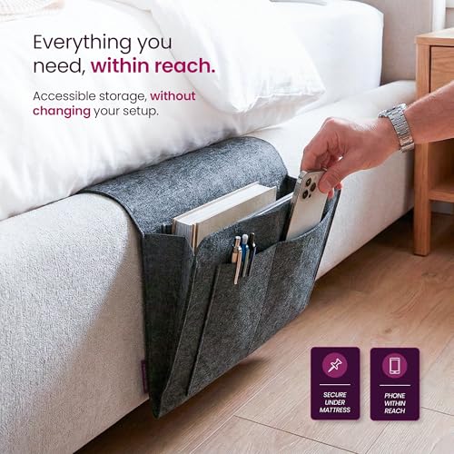 IWS Bedside Storage Caddy, Side-Storage Bag for Beds – Large Under-Bed Organizer Storage Organizer & Easy Access Pocket for Phone, Tablet & Remote, Fits Queen & King Beds, Gray