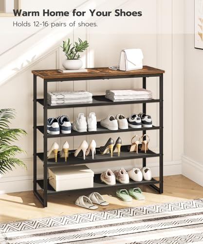HOOBRO Shoe Rack, 5 Tier Shoe Storage Organizer with 4 Oxford Fabric Shelves and Top Panel, Holds 16-20 Pairs of Shoes, for Entryway and Closet, Industrial, Rustic Brown BF50XJ01 - color: Rustic Brown + Black, size: 29.5"L x 11.2"W x 29.5"H
