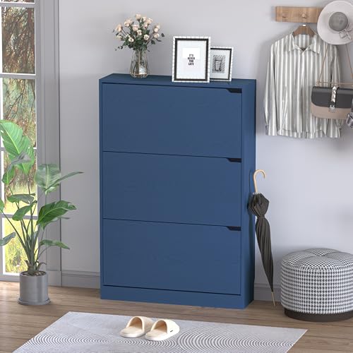 BORNOON Shoe Cabinet with 3 Flip Drawers, Hidden Wood Shoe Cabinet,Freestanding Shoe Storage Cabinet for Entryway Hallway. 47.2" H*31.5" W*9.45" D - color: Blue, size: 3 Drawers