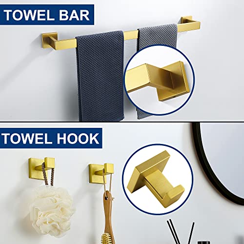 5 Pieces Bathroom Hardware Accessories Set Brushed Gold, 24Inch Bathroom Towel Rack Set SUS304 Stainless Steel, Square Bath Towel bar Set Wall Mounted, Heavy Duty - color: Brushed Gold, size: 24" 5pcs