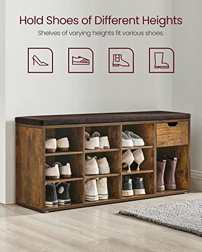 VASAGLE CUSTOS Collection - Storage Bench, Entryway Bench with Cushion, Drawer and Open Compartments, Bench with Storage, Living Room, Bedroom, Closet, Rustic Brown and Chestnut Brown ULHS024T01 - color: Rustic Brown + Chestnut Brown