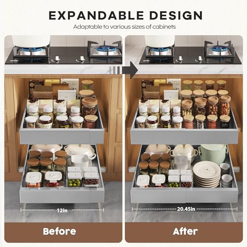 Seinloes 2 Pack Pull Out Cabinet Organizers 21"Deep With Raising Pad for Framed Cabinets,Expandable Slide Out Drawers Upgrade 3 Slide Rails,Roll Out Shelves Adhesive,Adjustable Width 12"-20.45" Silver - color: Silver, size: 12"-20.45"Wide x 21"Deep(2 Pack