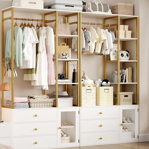 BOTLOG 2pcs Closet Organizer System, Wardrobe Closet with 3 Wooden Drawers, Clothes Rack with Hanging Rods and 4 Tiers Shelves, Garment Rack with Metal Frame, White and Gold