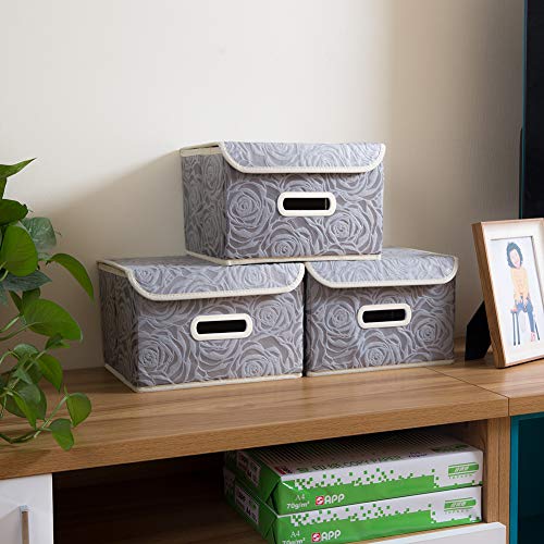 PRANDOM Collapsible Storage Boxes with Lids Fabric Decorative Storage Bins Cubes Organizer Containers Baskets with Cover Handles Divider for Bedroom Closet Living Room 9.8x7.9x6.7 Inch 3 Pack - color: Gray, size: Small(3-Pack)
