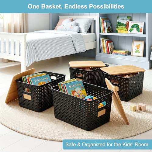 Bagnizer 2 Pack Tall Plastic Storage Bins with Bamboo Lids, 10.8qt Stackable Storages Baskets for Organizing Desktop Closet Playroom Classroom Office, 12"L x 8.3"W x 6.1"H, Black - color: Black, size: Tall- 2 Pack