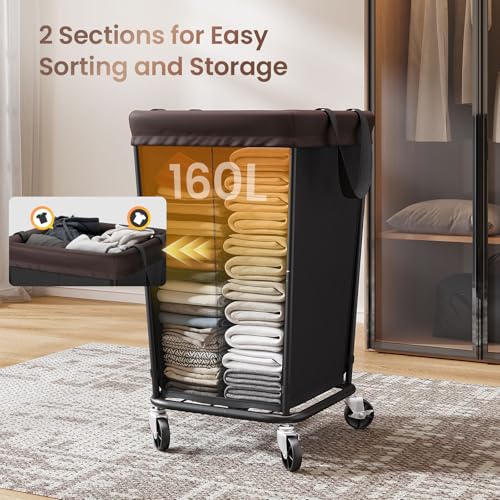 160L Laundry Basket with Wheels, 2-section Rolling Laundry Basket, Large Laundry Hamper with Wheels, Rolling Laundry Hamper Clothes Hamper for Home, Bathrooms and Dorm(Black) - color: 2 Section-Black, size: 160L