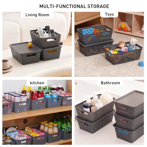 Plastic Storage Baskets With Lid, Storage Bins for Organizing, Stackable Decorative Containers for Shelves Drawers Desktop Closet Playroom Classroom Office, 6 Pack-Grey - color: Grey, size: 6 Pack