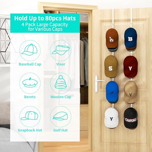HapiRm Over Door Hat Rack - 4 Packs Metal Hanging Hat Organizer with 16 Hooks Design, Baseball Cap Hanger Organizer Storage Holds up to 80 Caps for Door, Bedroom, Closet(White) - color: White, size: 4 Pack