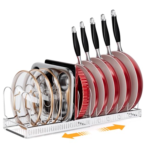 MUDEELA Pot Rack - Expandable Pots and Pans Organizer under Cabinet, Pot Lid Organizer Holder with 12 Adjustable Compartment, Kitchen Cabinet Organizer and Storage for Cutting Board, Skillets Pan - style: 12 Dividers-Silver