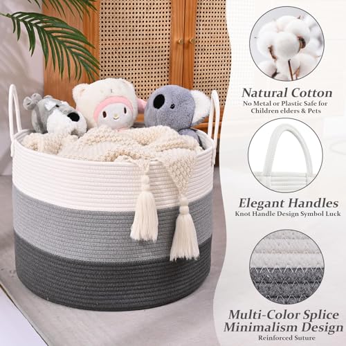 Extra Large Toy Basket, 20"x13" Kids Toy Storage for Playroom Classroom Nursery, Woven Rope Blanket Basket with Handles, Stuffed Animal Organizer & Dog Toys Basket, Dark Gray - color: Dark Gray - Wide