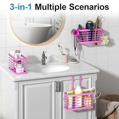 Sevenblue Hair Tool Organizer, 3-in-1 Universal Hair Dryer Holder, Adjustable Height Metal Blow Dryer Holder Wall Mounted/Over Cabinet Door/Free-Standing (Pink) - color: Pink