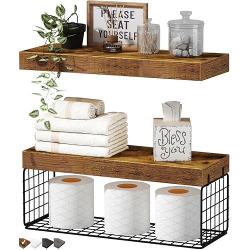 QEEIG Bathroom Shelves Over Toilet - Wall Mounted Floating Shelves Toilet Paper Storage Small Farmhouse Decor Shelf 16 inch Set of 2, Rustic Brown (019-BN2) - color: A. Brown, size: 2pcs
