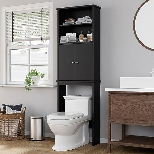 Shintenchi Over The Toilet Storage Cabinet, Bathroom Above The Toilet Rack, Bathroom Adjustable Shelf Organizer with Open Bottom Bar and Anti-Tip Device, Black - color: Black, size: 2 Open Shelves