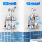 Sewulidon Aluminum Alloy Hanging Shower Caddy for Handheld Shower Heads,Rustproof Hose Shower Organizer 4 Levels Height Adjustable Shower Rack with Hooks,Razor Holder,Soap Holder - color: Aluminum Silver