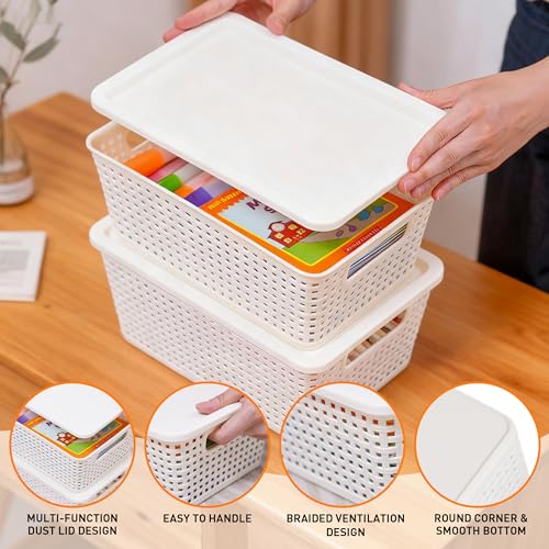 Plastic Storage Baskets With Lid, Storage Bins for Organizing, Stackable Decorative Containers for Shelves Drawers Desktop Closet Playroom Classroom Office, 6 Pack- White - color: White, size: 6 Pack