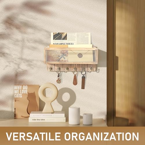 Rebee Vision Pine Wood Mail and Key Holder for Wall – Decorative Key Holder Wall Mount with Hooks & Basket for Entryway – Storage Organizer for Keys, Mail & Sunglasses (Natural) - color: Natural