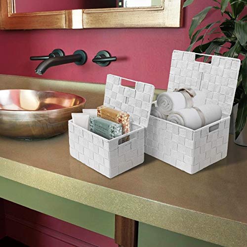 Sorbus Set of 3 Hand-Woven Storage Baskets with Lids – Decorative Wicker Organizers for Home, Closet, or Shelves (White) - color: White