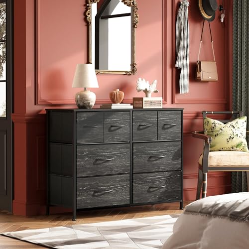 WLIVE Dresser for Bedroom with 8 Drawers, Wide Fabric Dresser for Storage and Organization, Bedroom Dressers, Chest of Drawers for Living Room, Closet, Hallway, Charcoal Black Wood Grain Print - color: Charcoal Black Wood Grain Print, style: 8 Drawers