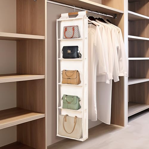 Syeeiex Hanging Handbag Purse Organizer with Zippers, 5 Mesh Shelves,Clear Slubbed Fabric+PVC Hanging Closet Bag Organizer, Dustproof Handbag Closet Tote Storage Bag for Door, Wardrobe, Beige - color: Beige-5 Shelves
