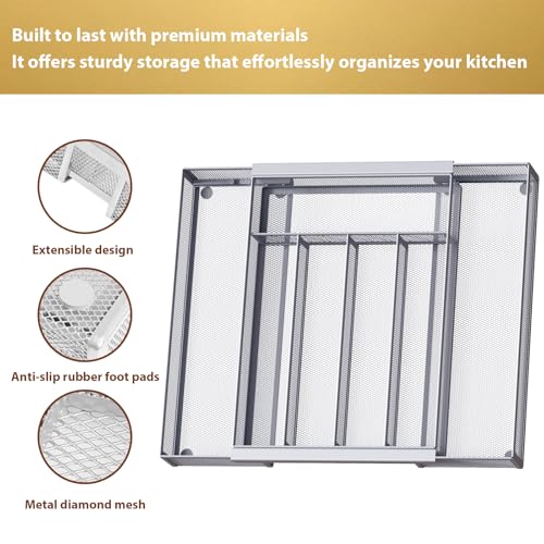Sedegn Silverware Organizer Metal Mesh, Drawer Organizer, Utensil Cutlery Tray Expandable Flatware Organizer with 7 Compartment Silver 9.6"~16.1" x 13.8" - color: Silver, size: Expandable 9.6"~16.1" x 13.8"