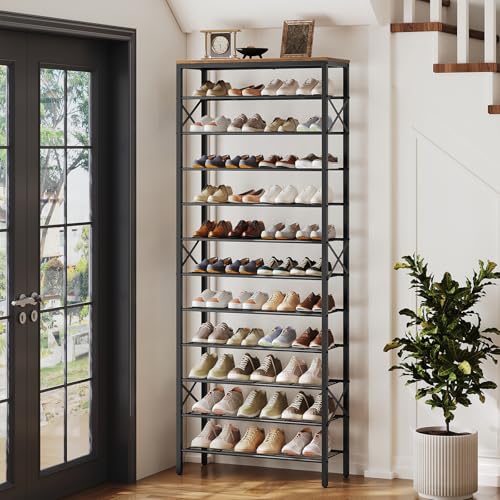 YATINEY 12 Tier Shoe Rack, Large Capacity Shoe Storage Organizer Holds 48 Pairs, Sturdy and Stable, for Entryway, Hallway, Closet, Dorm Room, Rustic Brown SS12BR - color: Rustic Brown + Black, size: 27.8" x 10.8" x 79.3"