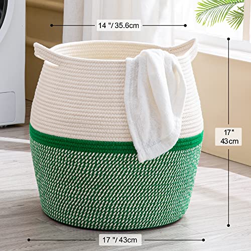 KAKAMAY Woven Baskets for Storage(17"x17"),Large Cotton Rope Woven Baby Laundry Hamper,Collapsible Laundry Basket, Blanket Basket for Organizing Living Room,Nursery,Pillows,Toy Chest(Green) - color: Green