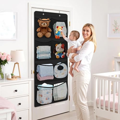SpaceHacks Stuffed Animal Storage - Large Over the Door Organizer with 6 Expandable Mesh Pockets & Metal Hooks, Non-Woven Fabric Hanging Plush Items Holder for Nursery, Bedroom, Playroom (Black) - color: Black