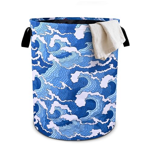 Ocean Wave Laundry Basket Foldable Oxford Cloth Tote Bag Laundry Hamper Clothes Storage Bucket Organizer For Bathroom/Laundry Storage/Bedroom 19.6x15.7 Inch - color: Ocean Wave