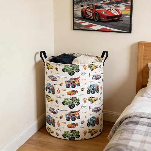 FANKANG Monster Truck Laundry Hamper Storage Basket, Nursery Hamper Canvas Laundry Basket Foldable with Waterproof PE Coating for Kids, Office, Bedroom, Clothes,Toys(Monster Truck) - color: Monster Truck