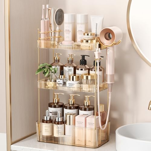 Bathroom Counter Organizer for Vanity, Makeup Organizer Countertop with Holder, Large Capacity Storage Rack, Perfect Large Skincare, Hair Care, Perfume, Easy to Install (Gold, 3Tiers) - color: Amber, size: 3 Tiers