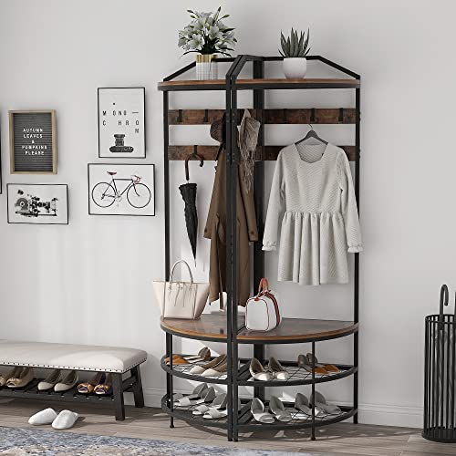 GiftGo Corner Hall Tree with Shoe Bench Entryway Coat Rack with 10 Metal Movable Hooks Floor Standing Clothes Rack Shoes Shelf Organizer for Home Office Bedroom (Rustic Brown) - color: Rustic Brown
