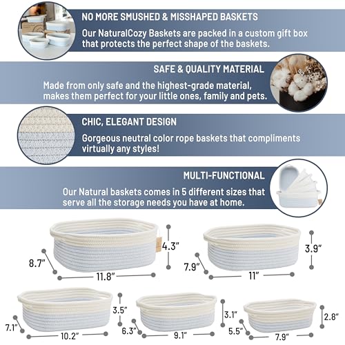 NaturalCozy 5-Piece Rectangle Storage Basket Set- Natural Cotton Rope Woven Baskets for Organizing! Small Basket for Montessori, Baby Nursery, Dog Toy Baskets, Cat Toy Box, Bathroom Organization Bin - color: Off White & Mixed Blue