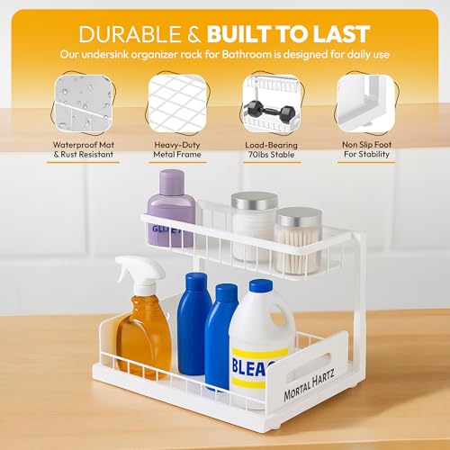 MORTALHARTS Under Sink Organizer – 1 Pack 2-Tier Sliding Storage Rack – Pull-Out Cabinet Organizer with Adjustable Metal Shelf, L-Shaped Design for Kitchen, Bathroom & Laundry Cabinets - color: White