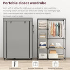 Calmootey Portable Closet Organizers, Clothing Storage, Wardrobe with 6 Shelves and Hanging Rod, Non-Woven Fabric Cover with 4 Side Pockets, Grey - color: Grey