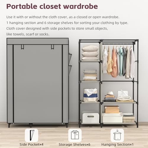 Calmootey Portable Closet Organizers, Clothing Storage, Wardrobe with 6 Shelves and Hanging Rod, Non-Woven Fabric Cover with 4 Side Pockets, Grey - color: Grey