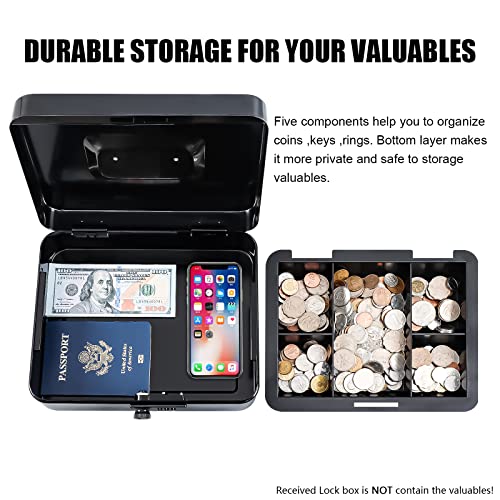 KYODOLED Large Cash Box with Combination Lock Safe Metal Money Box with Money Tray for Security Lock Box 9.84"x 7.87"x 3.54" Black - color: Black, size: Large